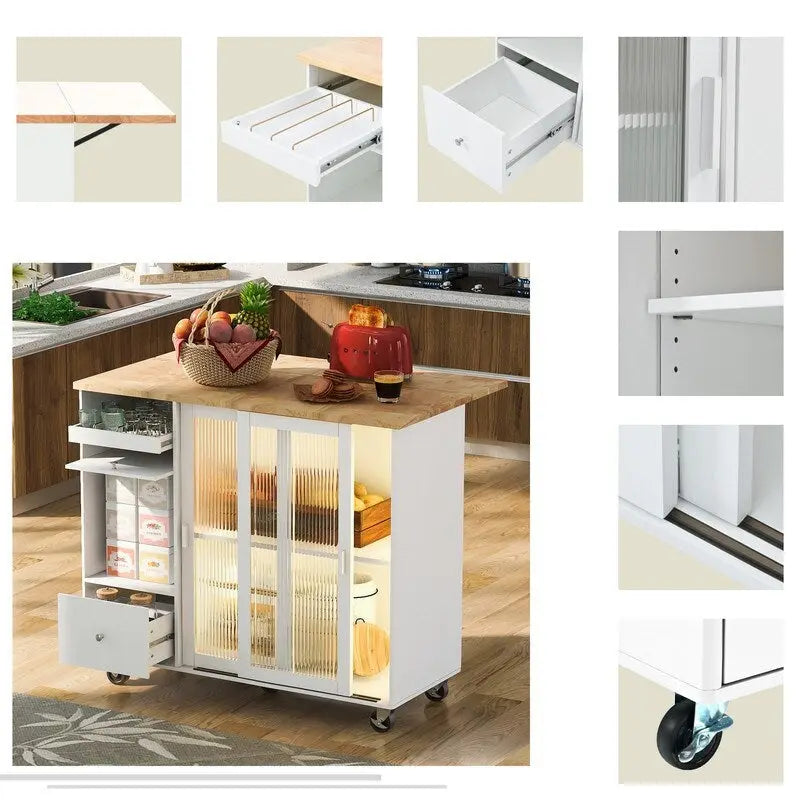 Carrello isola da cucina su ruote con piano ribaltabile, luce LED, 2 ante in vetro scanalato e 1 anta a ribalta