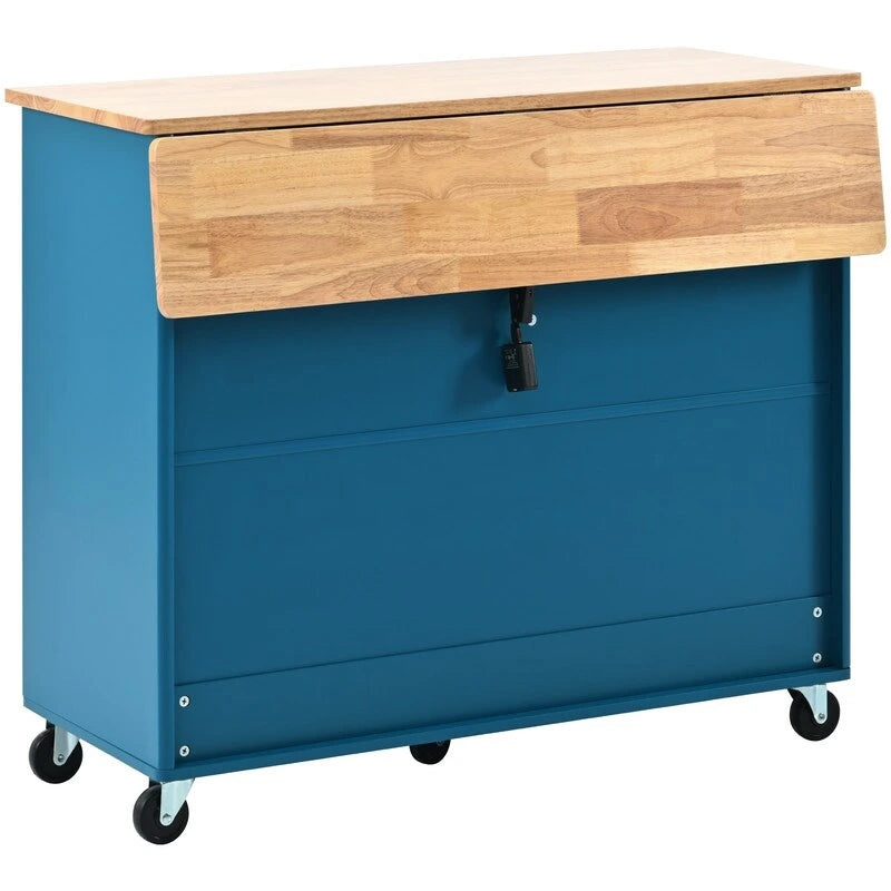 Carrello isola da cucina su ruote con piano ribaltabile, luce LED, 2 ante in vetro scanalato e 1 anta a ribalta
