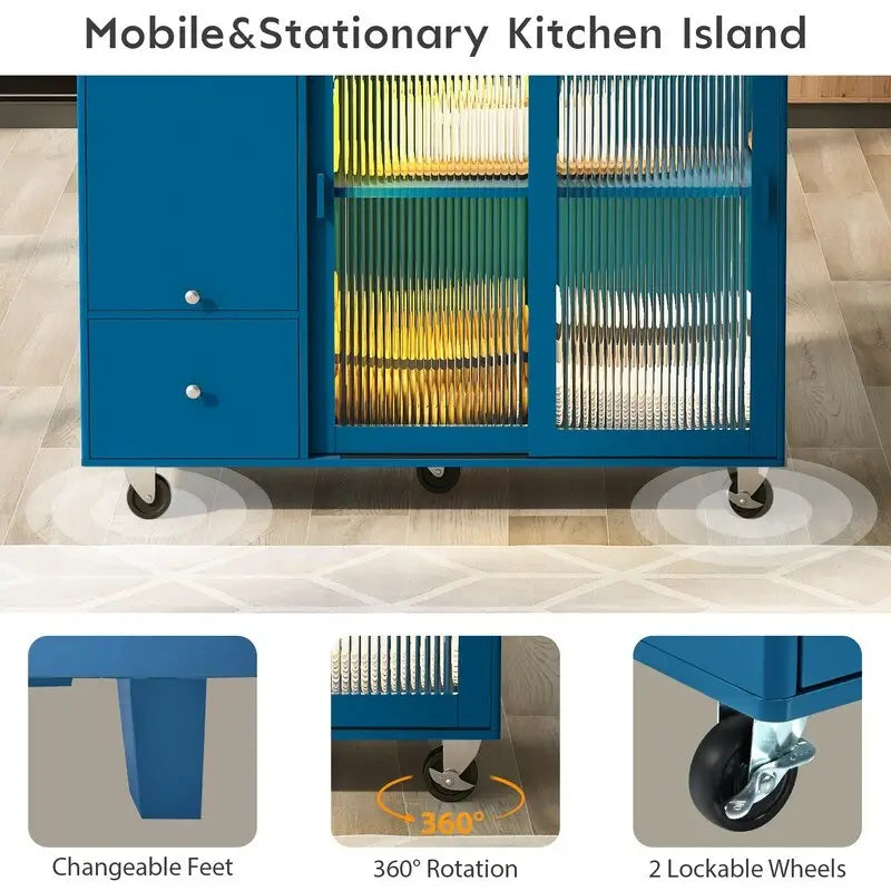 Carrello isola da cucina su ruote con piano ribaltabile, luce LED, 2 ante in vetro scanalato e 1 anta a ribalta