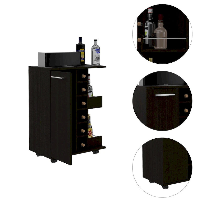 Carrito de bar de 2 estantes y 6 botellas con división, wengué negro, para cocina, fiestas y sala de estar