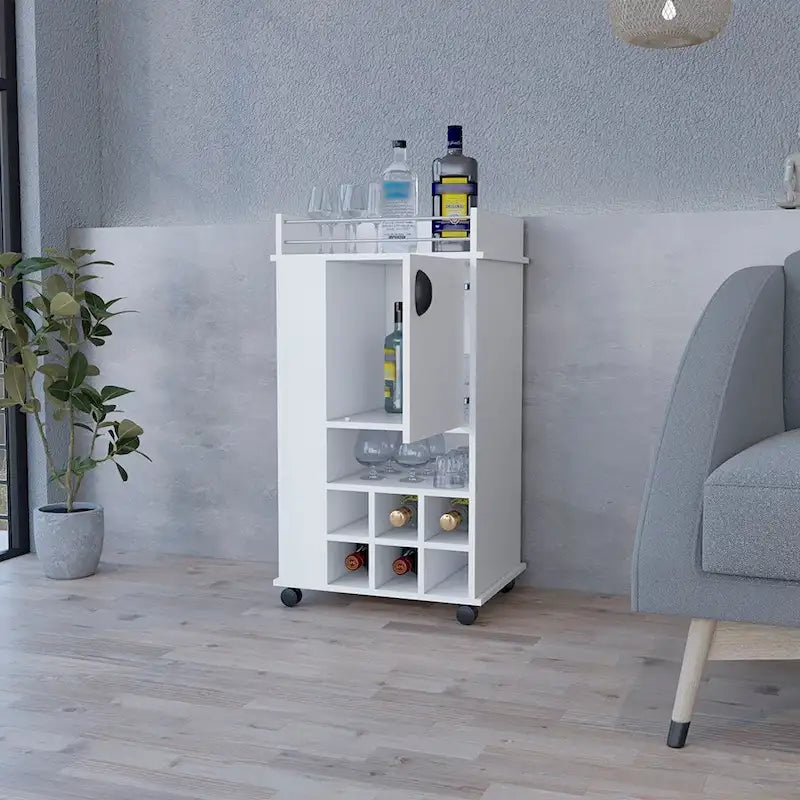 Carrito de bar con ruedas Reese, seis compartimentos para vino y una sola puerta para cocina, fiestas y sala de estar