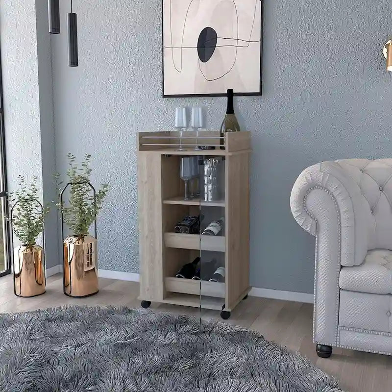 Carrito de bar con ruedas Reese, seis compartimentos para vino y una sola puerta para cocina, fiestas y sala de estar