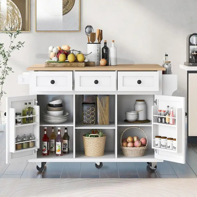 Desserte de cuisine en hévéa avec plateau rabattable, rangement intérieur derrière une porte et 3 tiroirs