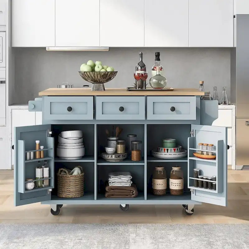 Desserte de cuisine en hévéa avec plateau rabattable, rangement intérieur derrière une porte et 3 tiroirs