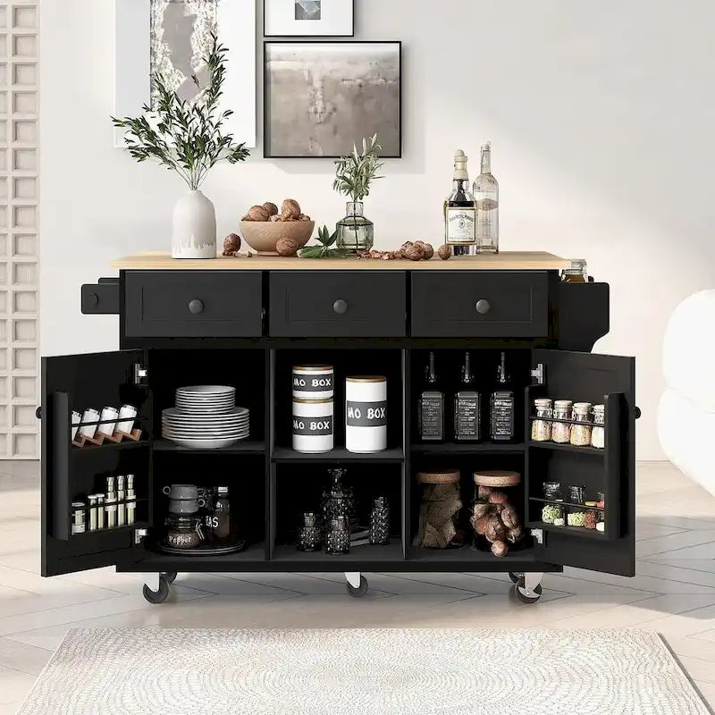 Carrello da cucina in legno della gomma con piano ribaltabile, anta, vano contenitore interno e 3 cassetti