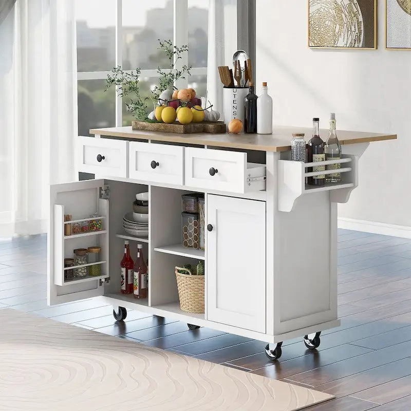Carrello da cucina in legno della gomma con piano ribaltabile, anta, vano contenitore interno e 3 cassetti