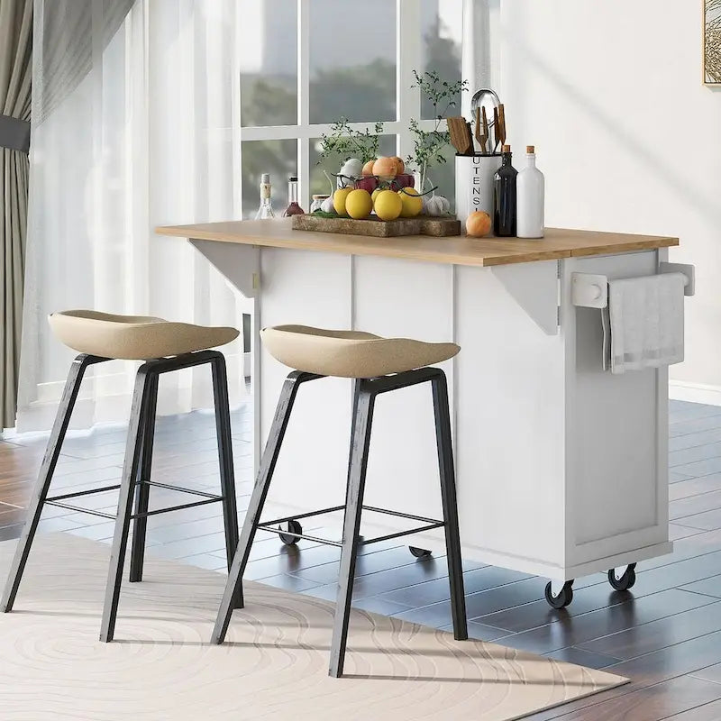 Carrello da cucina in legno della gomma con piano ribaltabile, anta, vano contenitore interno e 3 cassetti