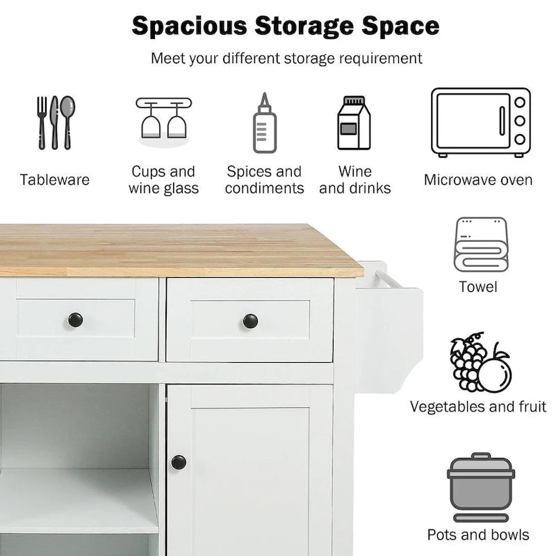 Carrello da cucina in legno della gomma con piano ribaltabile, anta, vano contenitore interno e 3 cassetti