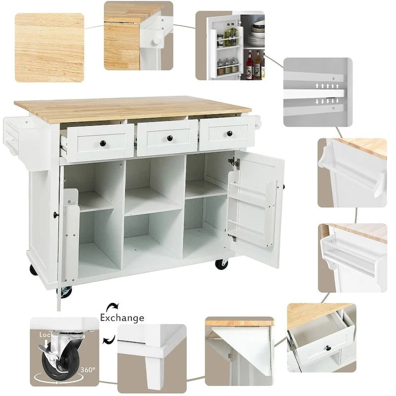 Carrello da cucina in legno della gomma con piano ribaltabile, anta, vano contenitore interno e 3 cassetti