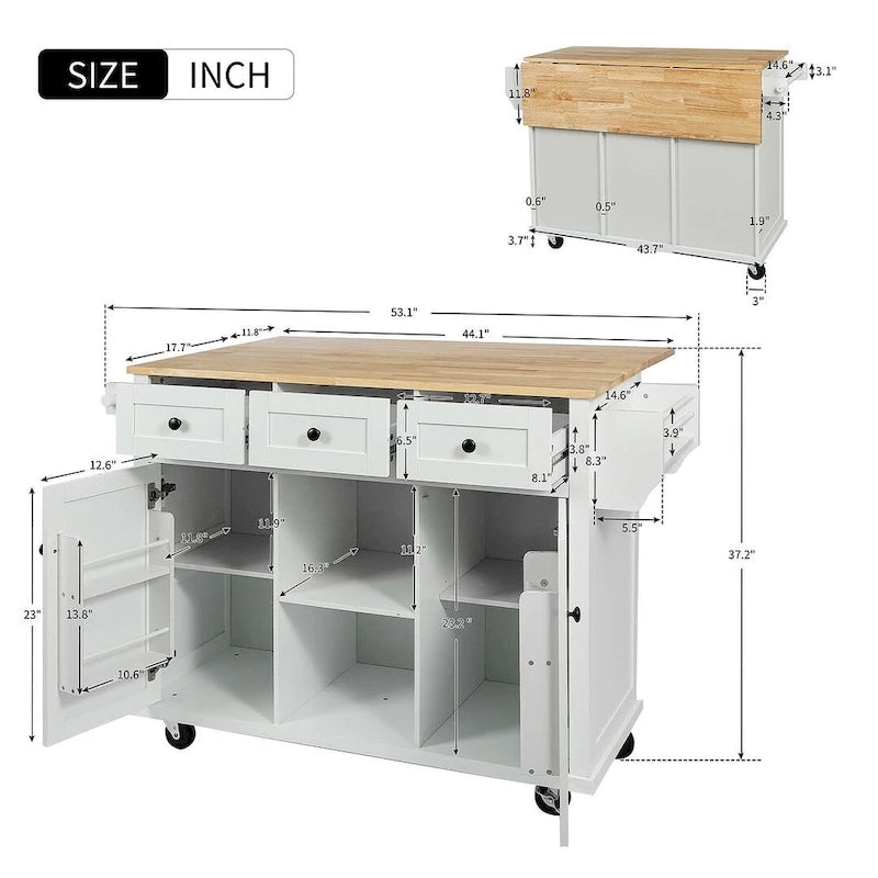 Carrello da cucina in legno della gomma con piano ribaltabile, anta, vano contenitore interno e 3 cassetti