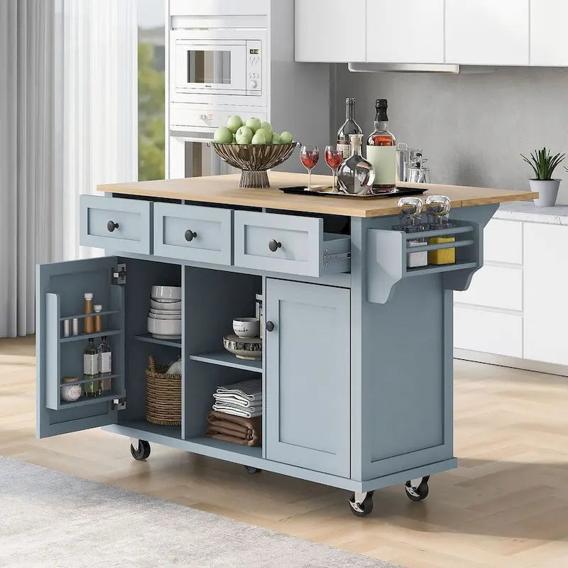 Carrello da cucina in legno della gomma con piano ribaltabile, anta, vano contenitore interno e 3 cassetti