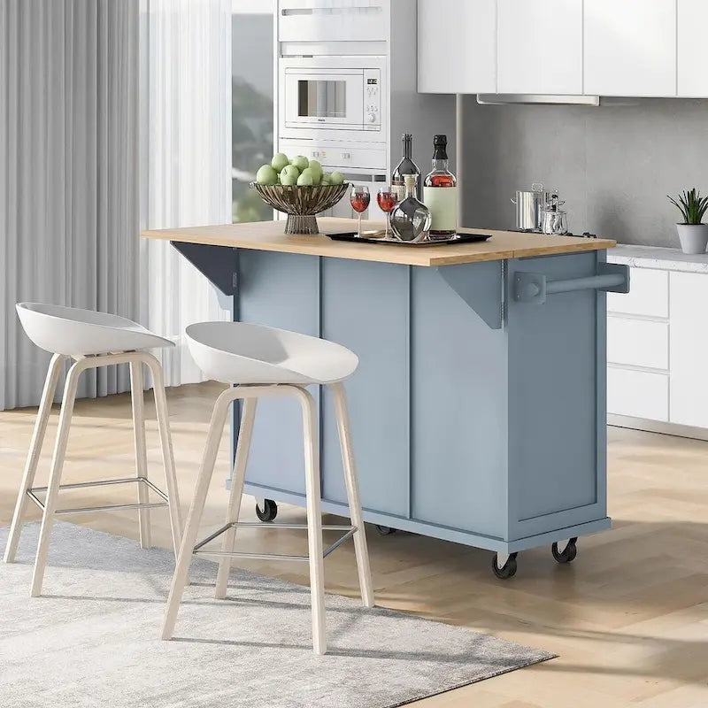 Carrello da cucina in legno della gomma con piano ribaltabile, anta, vano contenitore interno e 3 cassetti