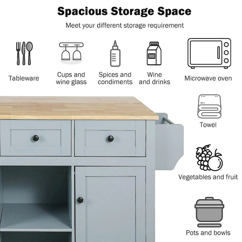 Carrello da cucina in legno della gomma con piano ribaltabile, anta, vano contenitore interno e 3 cassetti
