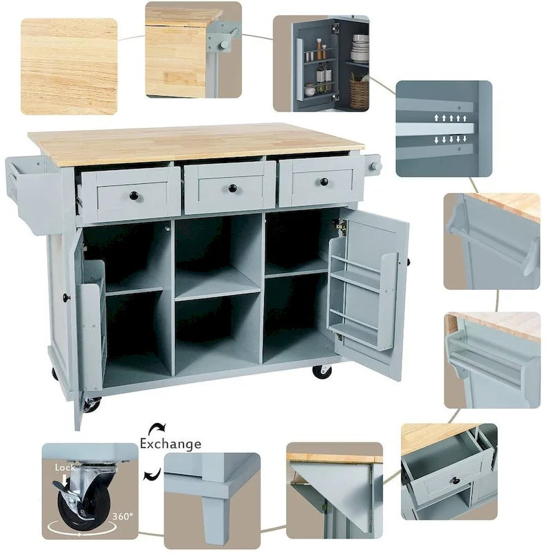 Carrello da cucina in legno della gomma con piano ribaltabile, anta, vano contenitore interno e 3 cassetti