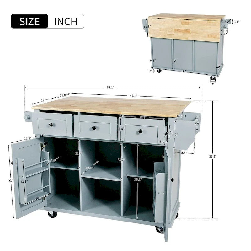 Carrello da cucina in legno della gomma con piano ribaltabile, anta, vano contenitore interno e 3 cassetti
