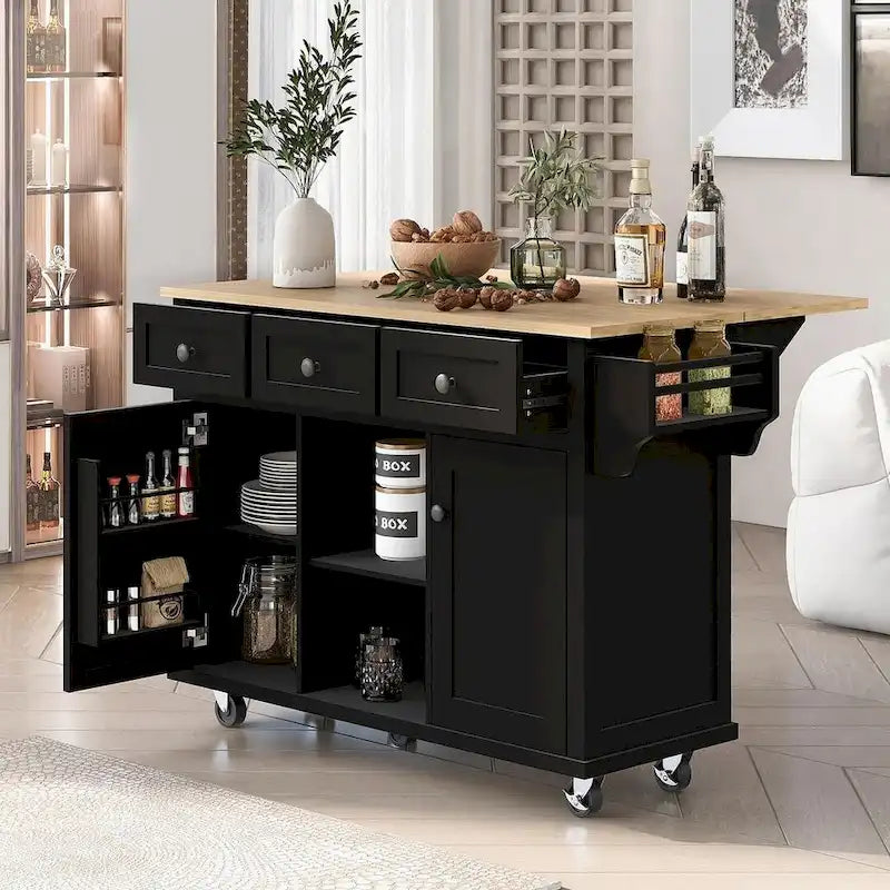 Carrello da cucina in legno della gomma con piano ribaltabile, anta, vano contenitore interno e 3 cassetti