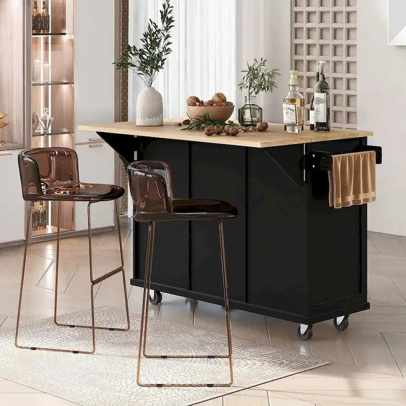 Carrello da cucina in legno della gomma con piano ribaltabile, anta, vano contenitore interno e 3 cassetti