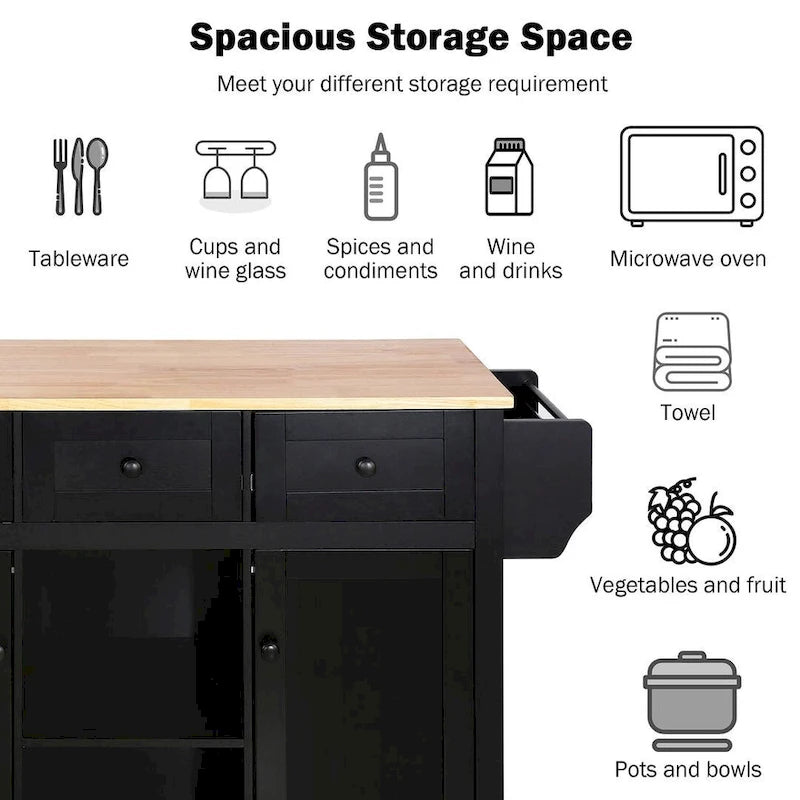 Carrello da cucina in legno della gomma con piano ribaltabile, anta, vano contenitore interno e 3 cassetti