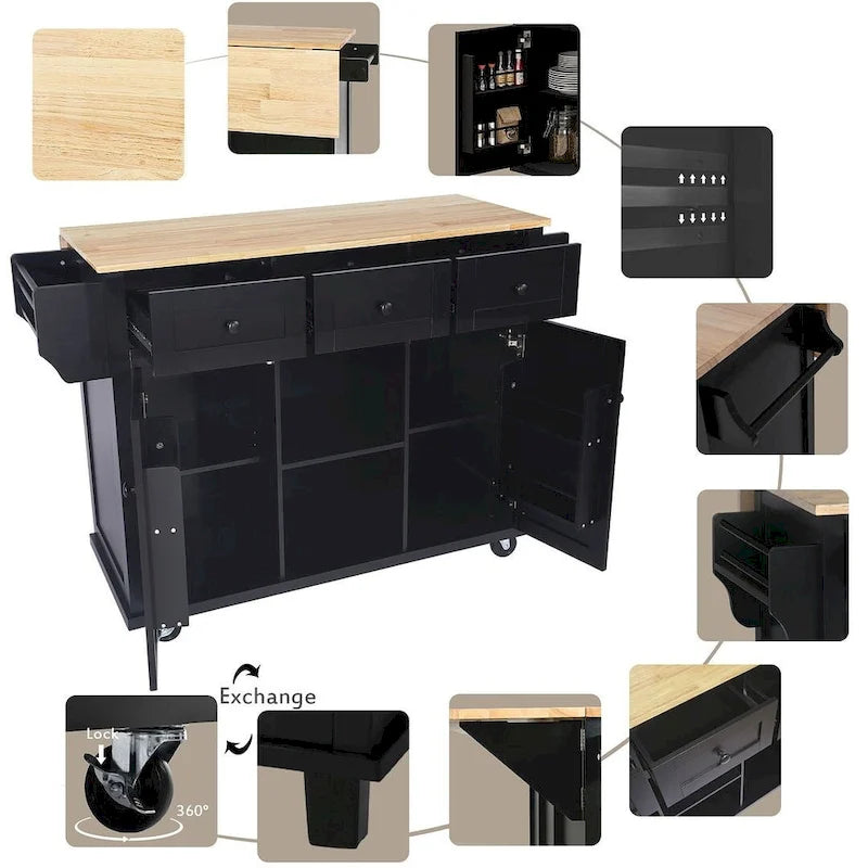Carrello da cucina in legno della gomma con piano ribaltabile, anta, vano contenitore interno e 3 cassetti