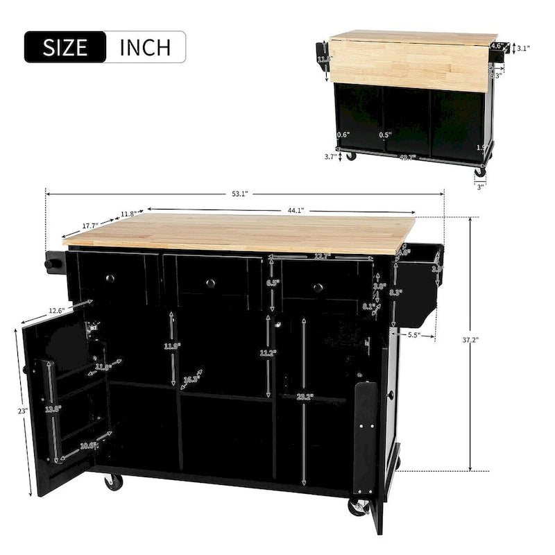 Carrello da cucina in legno della gomma con piano ribaltabile, anta, vano contenitore interno e 3 cassetti