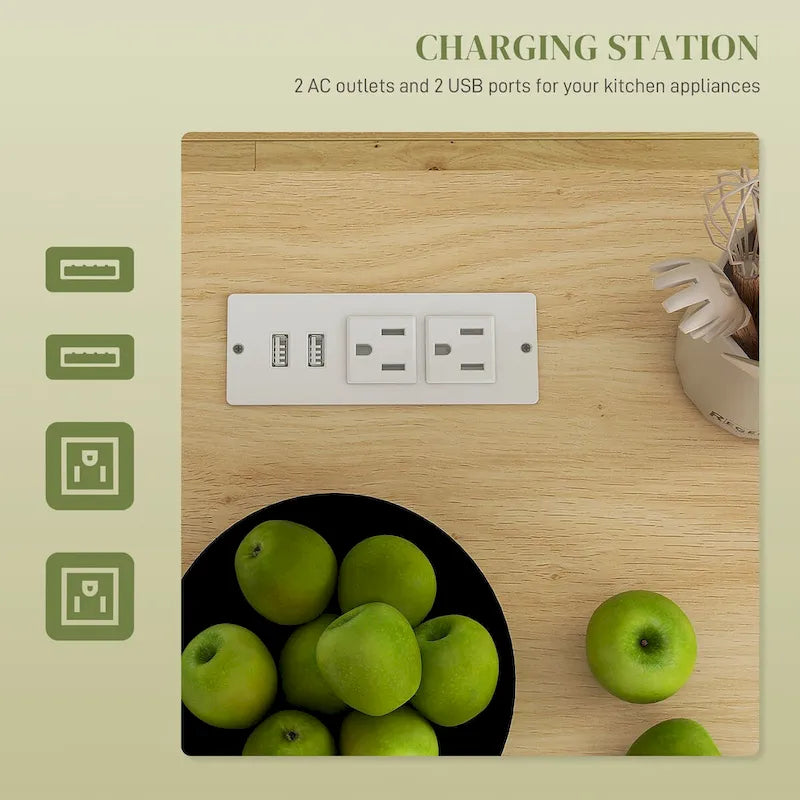 Isla de cocina móvil con almacenamiento, tomas de corriente y puertos USB