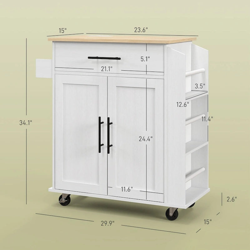 Isla de cocina móvil con almacenamiento, tomas de corriente y puertos USB