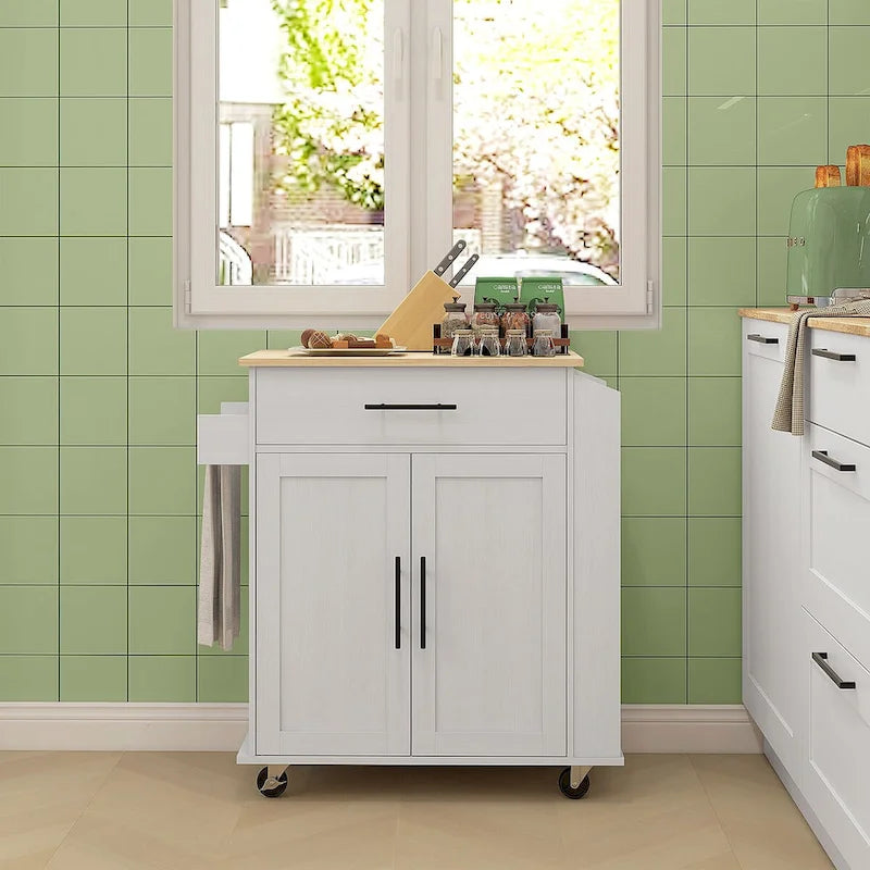 Isla de cocina móvil con almacenamiento, tomas de corriente y puertos USB