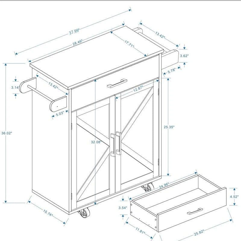 Carrito isla de cocina con ruedas y estantes ajustables, superficie de madera
