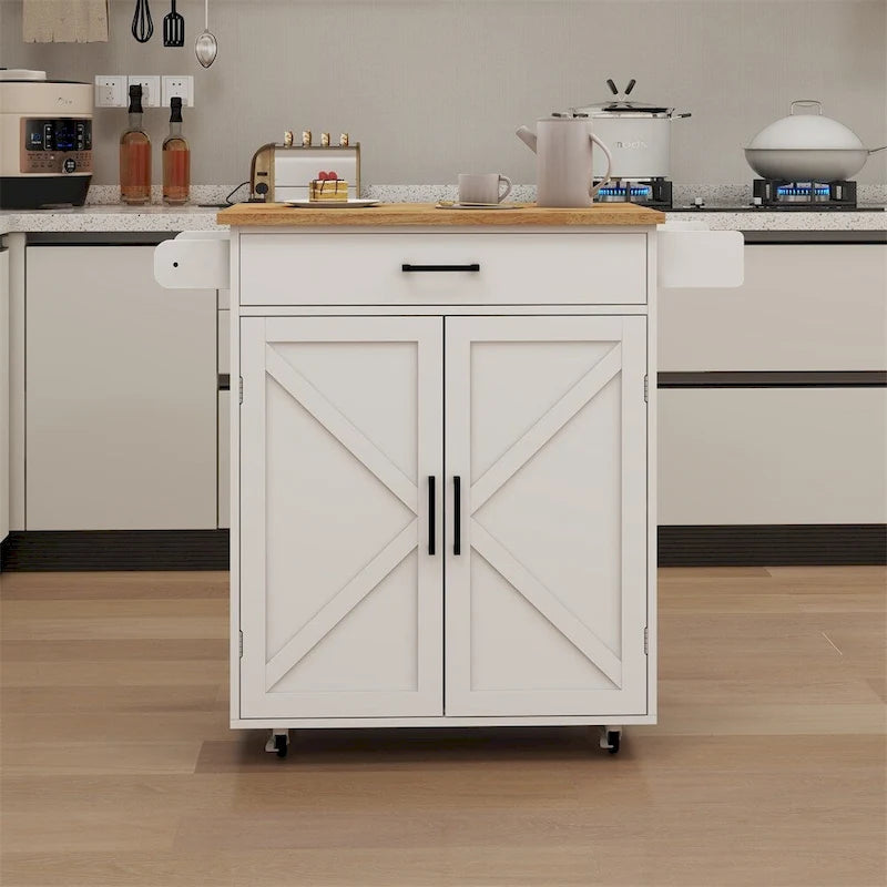 Carrito isla de cocina con ruedas y estantes ajustables, superficie de madera