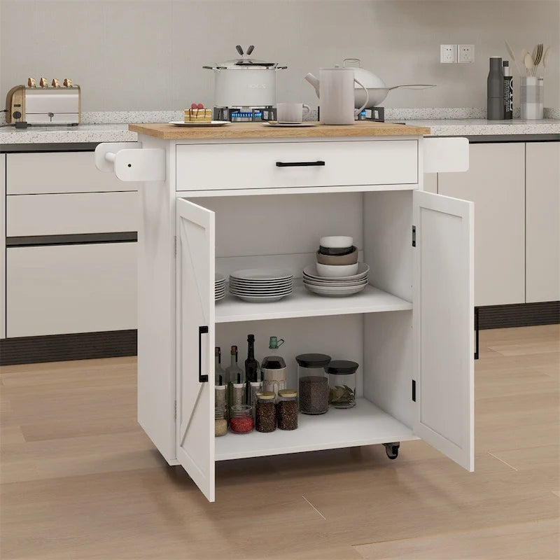 Carrito isla de cocina con ruedas y estantes ajustables, superficie de madera