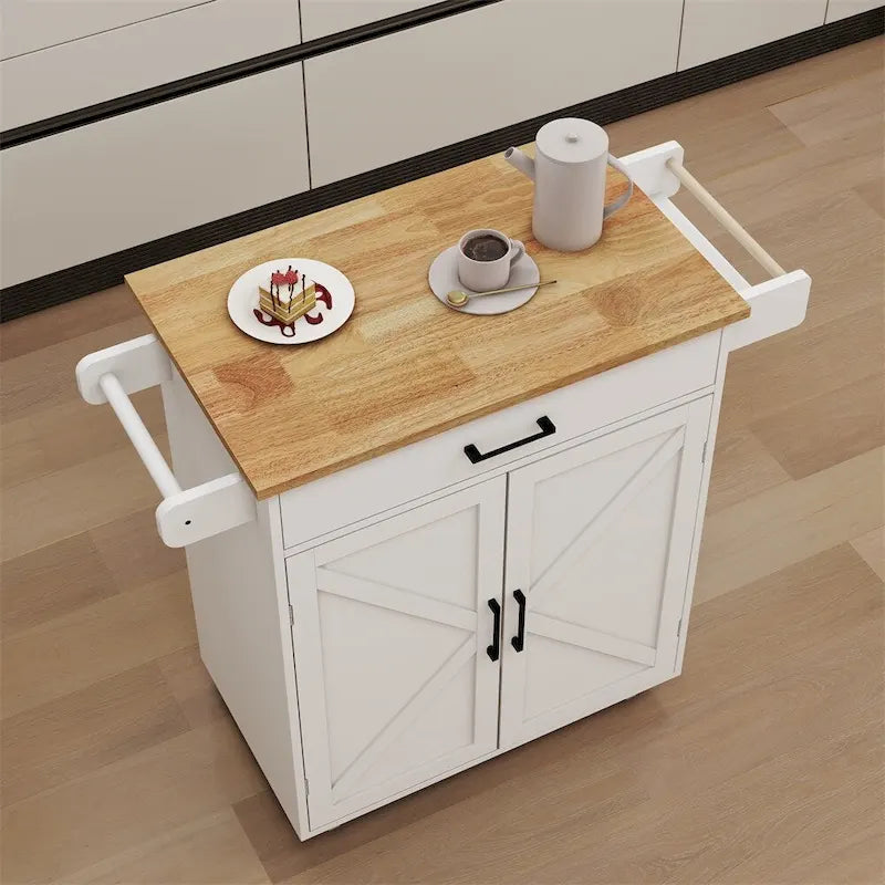 Carrito isla de cocina con ruedas y estantes ajustables, superficie de madera
