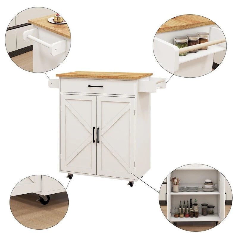 Carrito isla de cocina con ruedas y estantes ajustables, superficie de madera