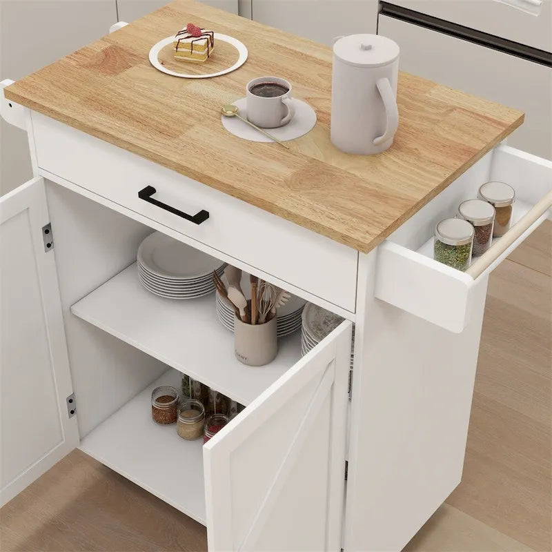 Carrito isla de cocina con ruedas y estantes ajustables, superficie de madera