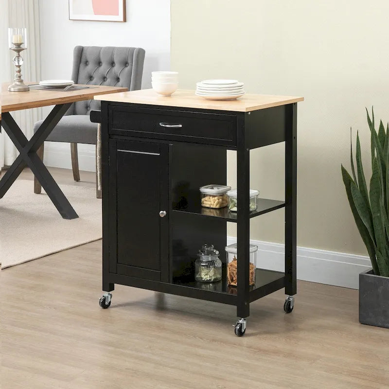 Carrito de isla de cocina con ruedas, cajón y estantes