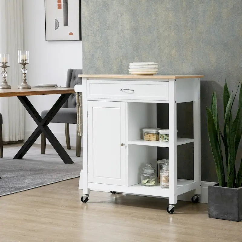 Carrito de isla de cocina con ruedas, cajón y estantes