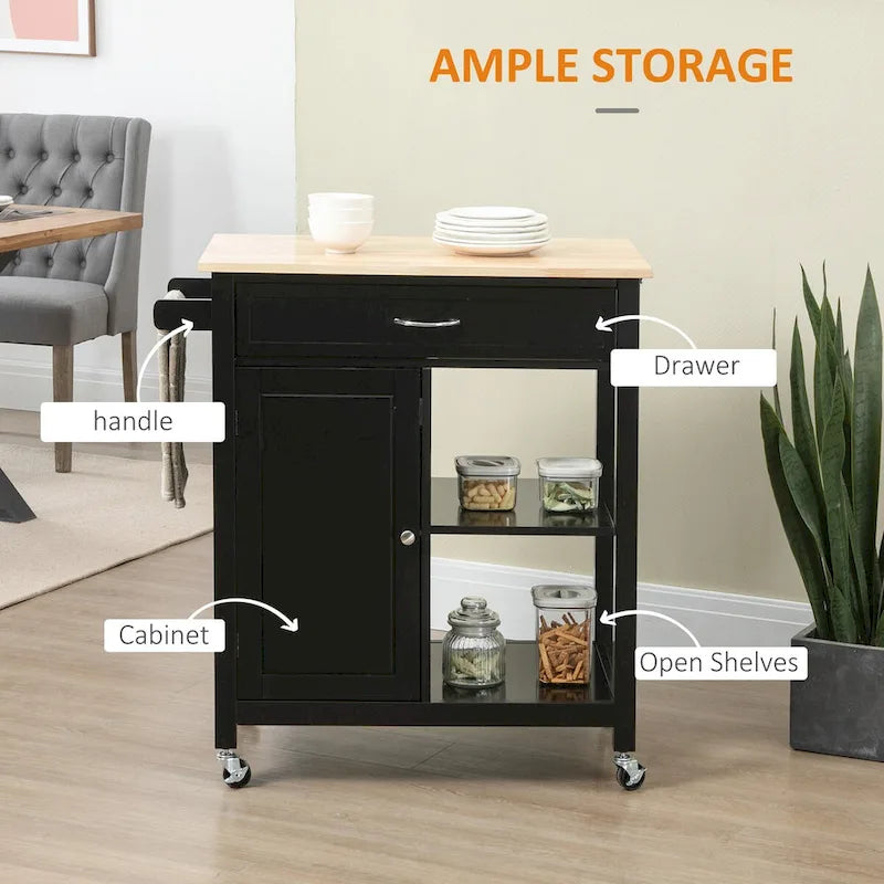 Carrito de isla de cocina con ruedas, cajón y estantes