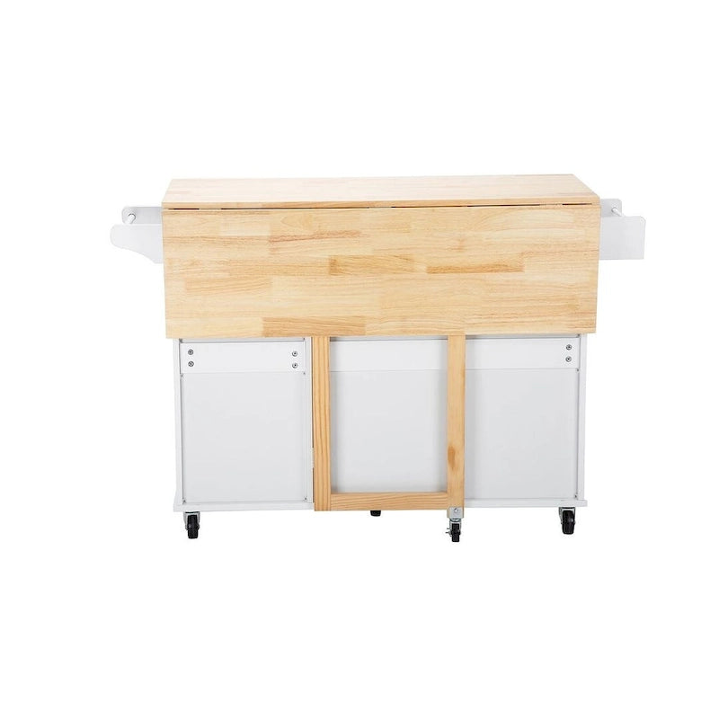 Carrello isola da cucina con piano estensibile in legno di hevea e ruote bloccabili