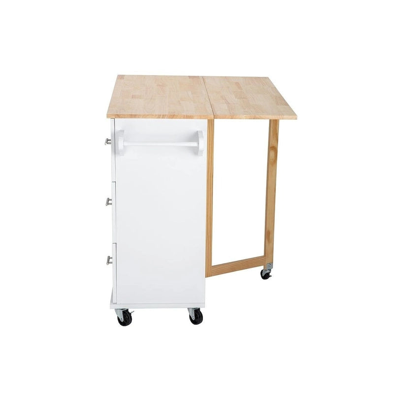 Carrello isola da cucina con piano estensibile in legno di hevea e ruote bloccabili
