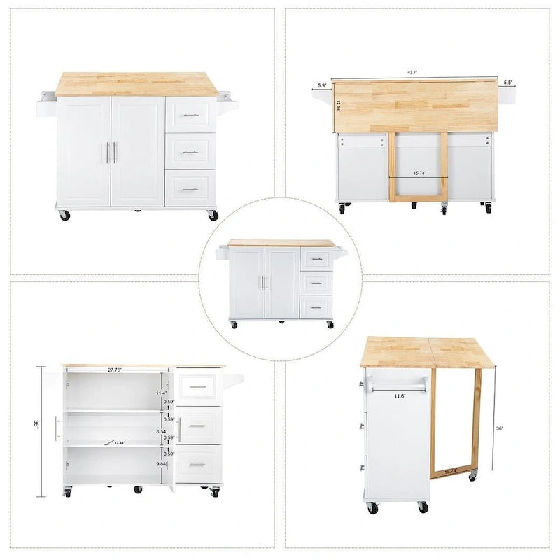 Carrello isola da cucina con piano estensibile in legno di hevea e ruote bloccabili