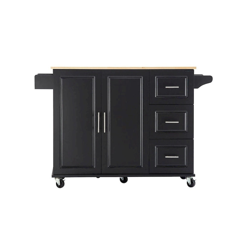 Carrello isola da cucina con piano estensibile in legno di hevea e ruote bloccabili