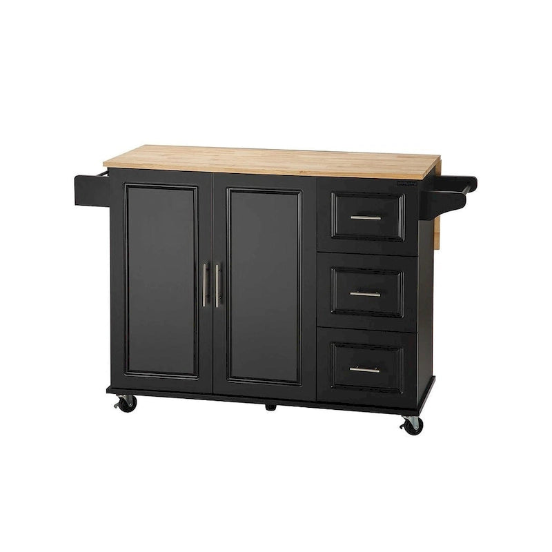 Carrello isola da cucina con piano estensibile in legno di hevea e ruote bloccabili