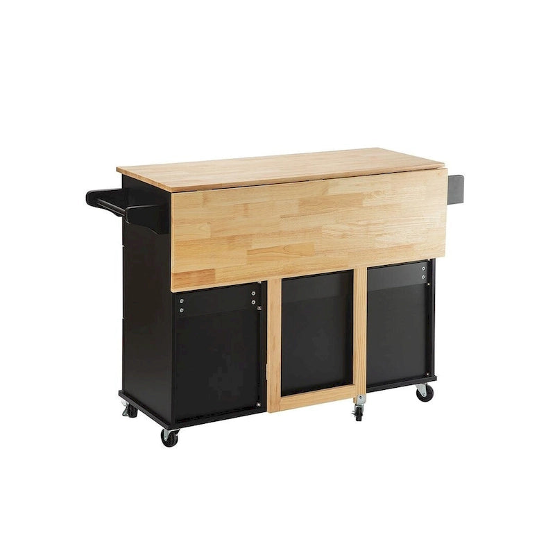 Carrello isola da cucina con piano estensibile in legno di hevea e ruote bloccabili