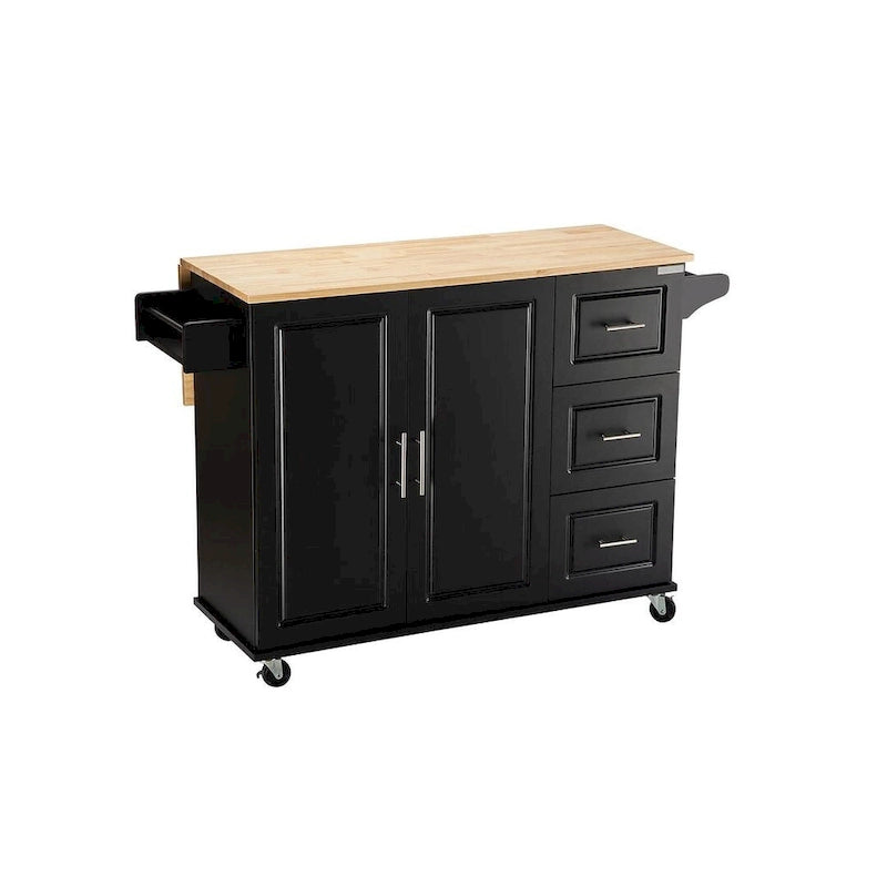 Carrello isola da cucina con piano estensibile in legno di hevea e ruote bloccabili