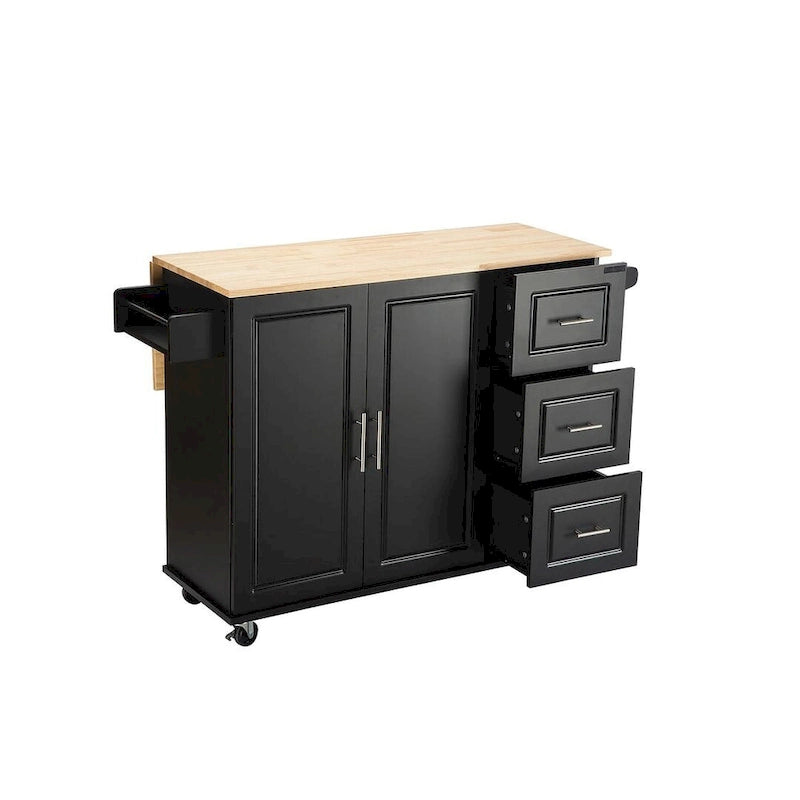 Carrello isola da cucina con piano estensibile in legno di hevea e ruote bloccabili