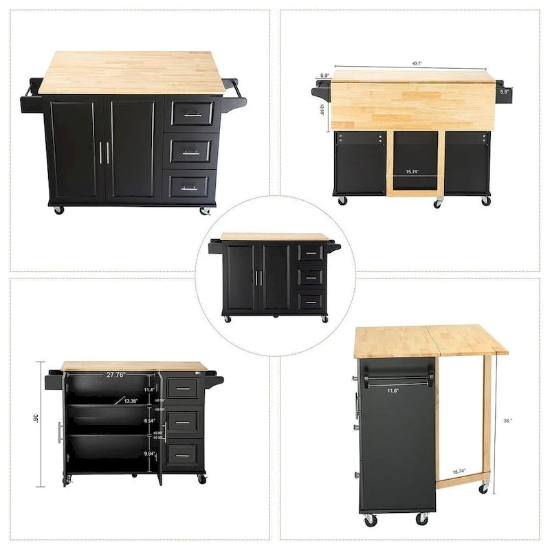 Carrello isola da cucina con piano estensibile in legno di hevea e ruote bloccabili