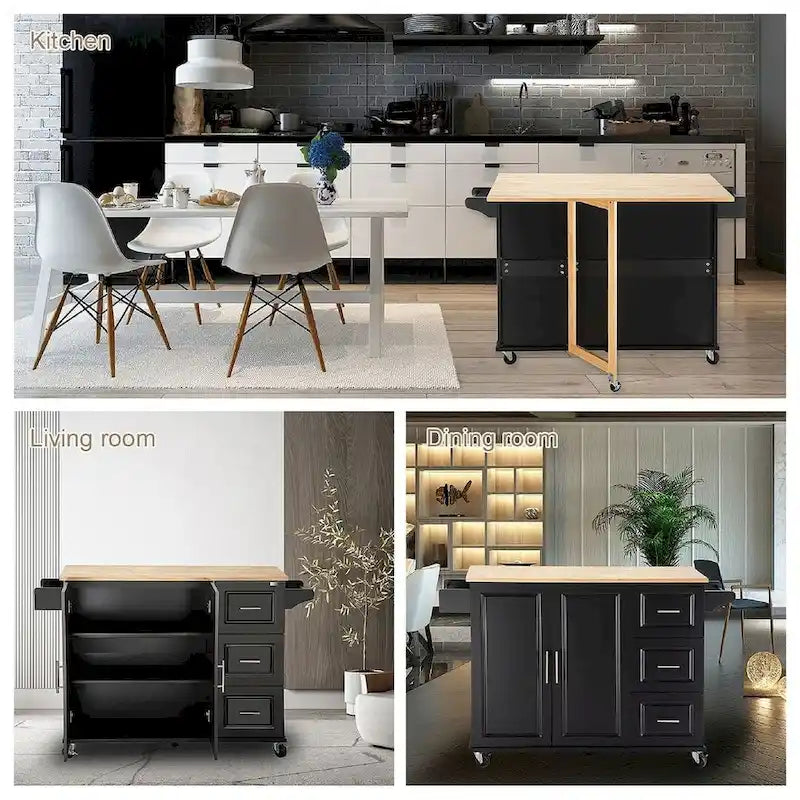 Carrello isola da cucina con piano estensibile in legno di hevea e ruote bloccabili