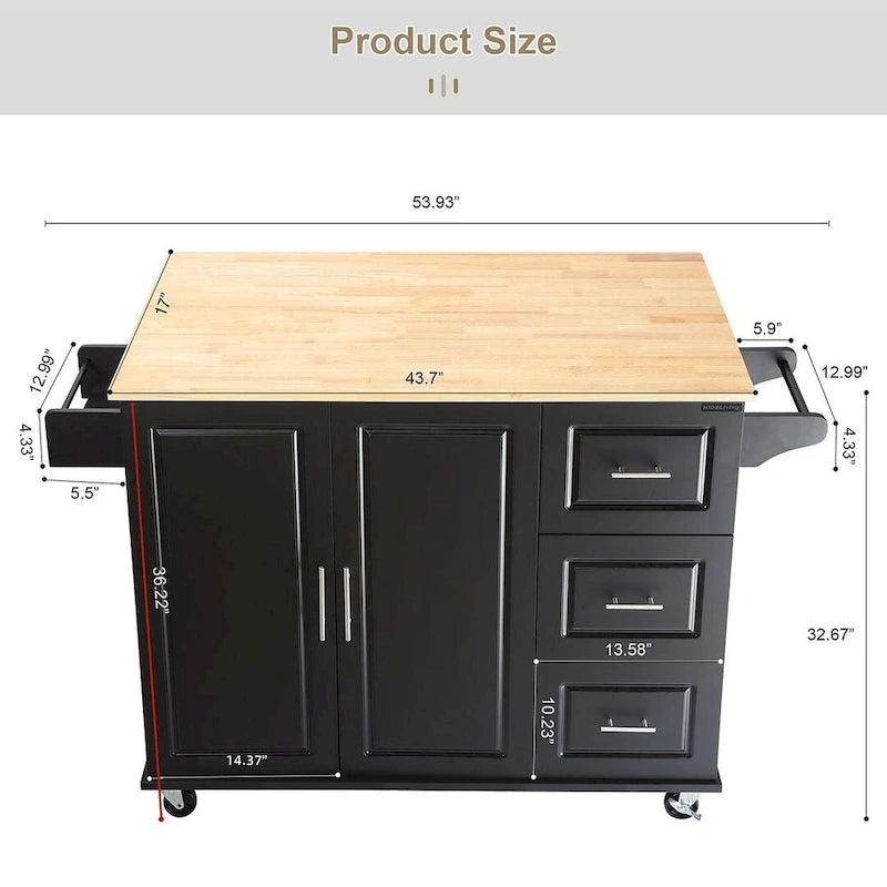 Carrello isola da cucina con piano estensibile in legno di hevea e ruote bloccabili