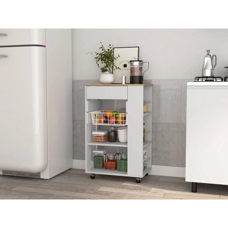 Carrito de cocina blanco y roble claro con 5 estantes y 1 cajón