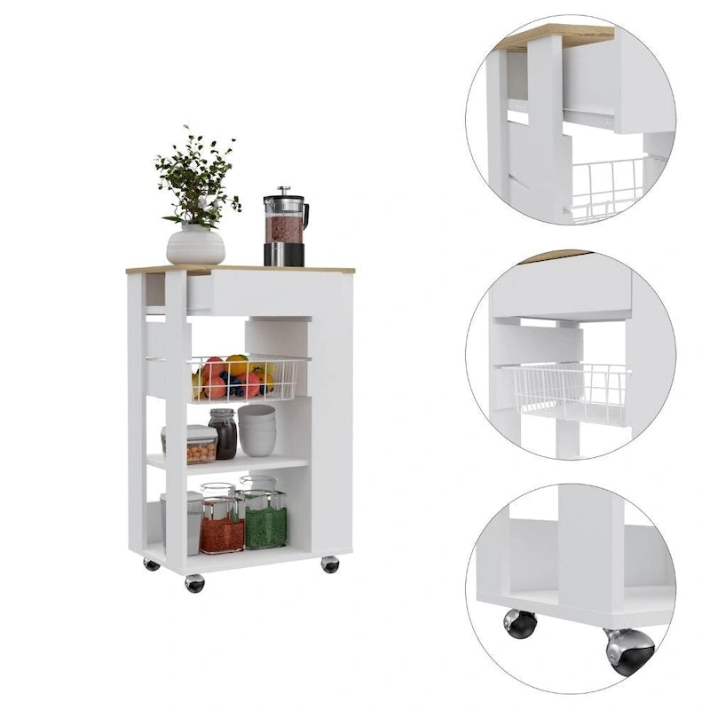 Carrito de cocina blanco y roble claro con 5 estantes y 1 cajón