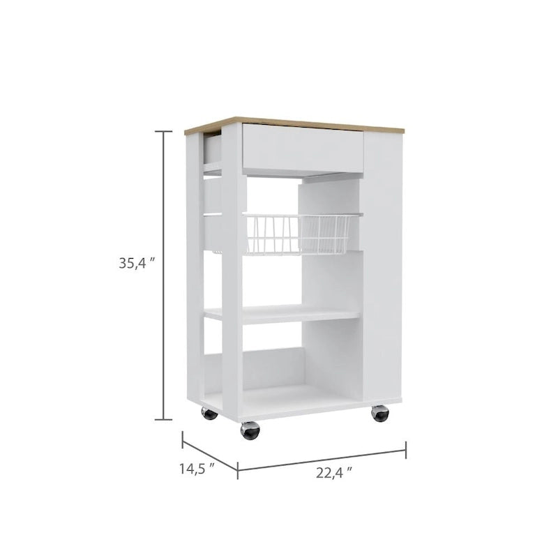 Carrito de cocina blanco y roble claro con 5 estantes y 1 cajón